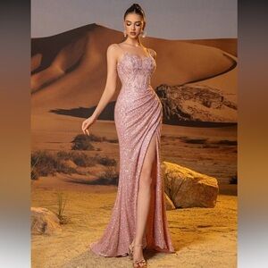 Rusty Rose Sparkly Lace Mermaid Evening High Slit Luxury Sequin Prom Large
